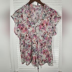 Liverpool Semi Sheer Sleeveless Front Drape Pink Floral Print Blouse Sz L